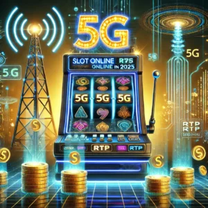 Ilustrasi futuristik Slot Online dengan Teknologi 5G di tahun 2025, menampilkan mesin slot bercahaya, sinyal 5G, dan koin emas melimpah.